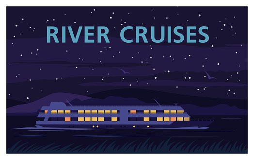 River cruise ship. Summer trip. Night landscape. Recreational waterway travel. Illustration in flat style.