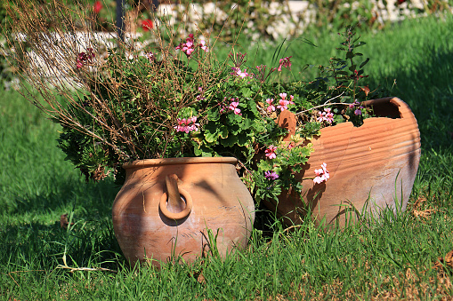 Old clay pot, Pottery clay pot. A large clay pot is sitting in the grass. Old clay jug, Vintage.