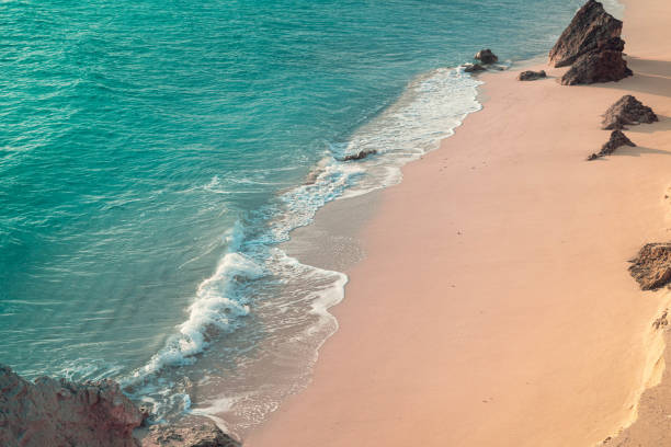 Landscape photo of the beach and sea waves reaching the shore.