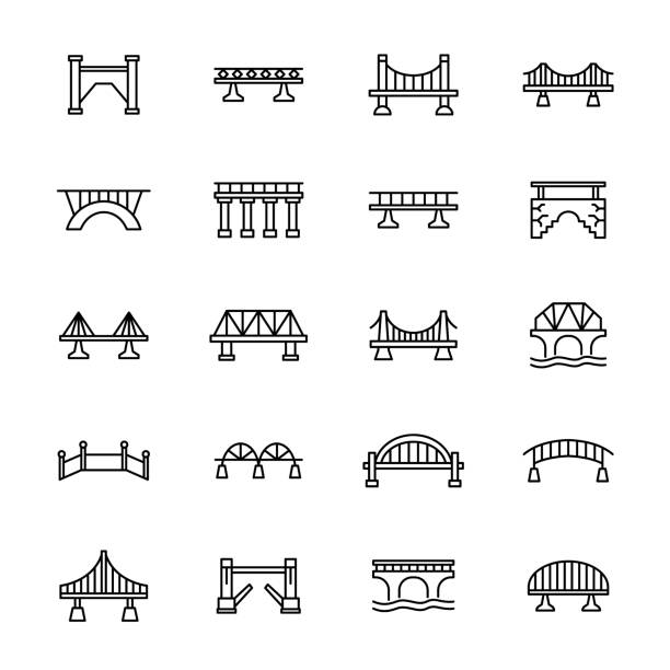 illustrazioni stock, clip art, cartoni animati e icone di tendenza di illustrazione dell'icona della linea del fiume del ponte. architettura ferro pietra ponte costruzione ferroviario strada lineare icona - bridge stone bridge vector arch bridge