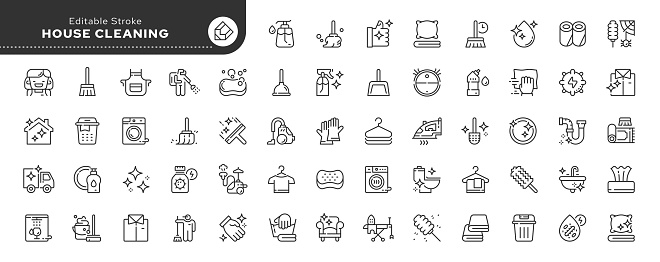 Set of line icons in linear style. Series - Home cleaning. Clean up the house. Washing floors, windows, dishes, clothes and linen. Sweeping the floor and wiping dust. Outline icon collection. Pictogram and infographic.