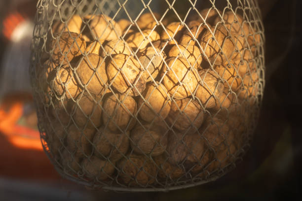 walnuts in a basket to dry close up.