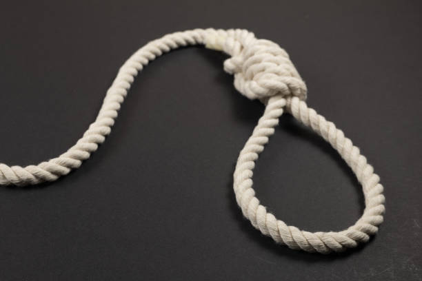 soga de cuerda para ahorcado, fabricada en cuerda de fibra natural sobre fondo oscuro. - fotos de ahorcamiento fotografías e imágenes de stock