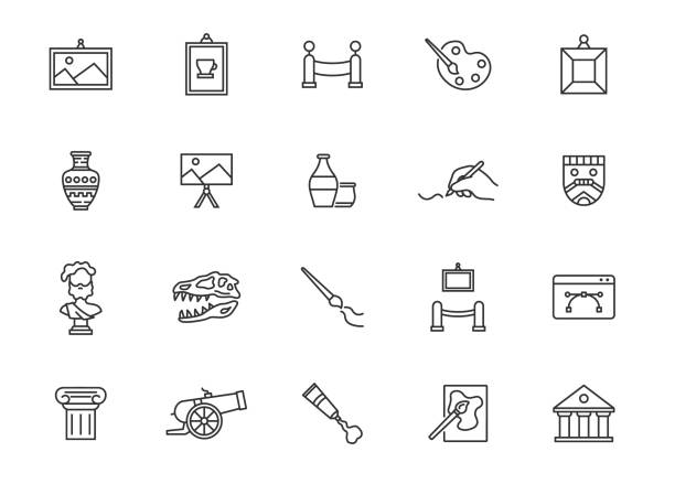 Museum line icon set. Building symbol vector theater architecture artist brush antique art icon set Museum line icon set. Building symbol vector theater architecture artist brush antique art icon set. painted masquerade masks stock illustrations