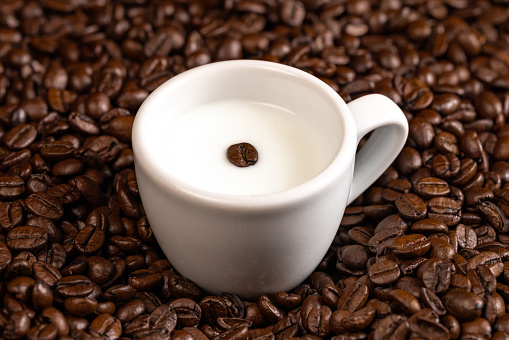 roasted coffee beans in cup of milk with coffee in background