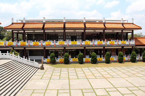 Zu Lai Temple decorated with flags for a party in Cotia, SP, Brazil.
