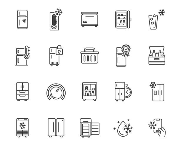 stockillustraties, clipart, cartoons en iconen met fridge line icon set. freezer ice cold storage cold vector icon. cooler thermometer fridge line icon. - plank meubels