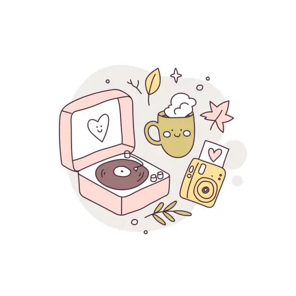 Vector illustration of Hand drawn autumn aesthetics set. Portable turntable with vinyl playing, cup of tea or coffee and instant camera, color doodle sketch style collection.