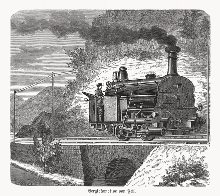 Historical view of a mountain locomotive, constructed by John Barraclough Fell (1815 - 1902), an English railway engineer and inventor of the Fell mountain railway system - the first third-rail system for railways that were too steep to be worked by adhesion on the two running rails alone. It used a raised centre rail between the two running rails to provide extra traction and braking, or braking alone. The Fell system was developed in the 1860s and was soon superseded by various types of rack railway for new lines, but some Fell systems remained in use into the 1960s. Wood engraving, published in 1869.