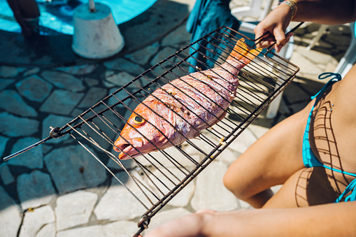 overhead view on female hands holding red snapper in fish grill to put it on barbecue