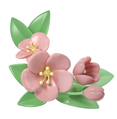 3d pastel pink corner cherry flowers, botanical spring arrangement, floral clip art, bouquet element decor illustration.