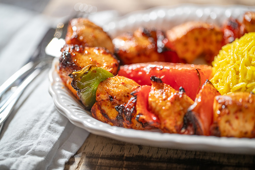 Macro close up image of Chicken Shish Kebab and Peppers