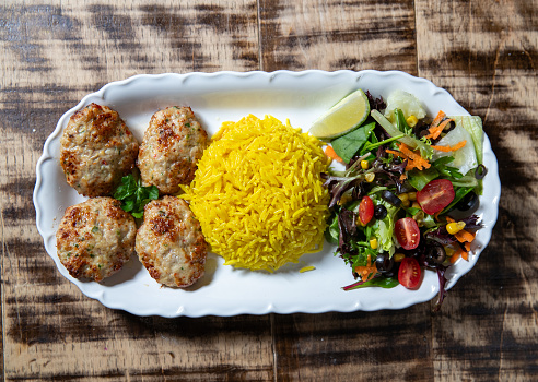 Overhead angle of Chicken Kofta Kebab, Rice and Salad