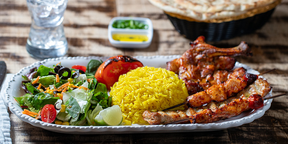 2/3rd angle of Chicken Skewers, Rice, Salad and Flatbread