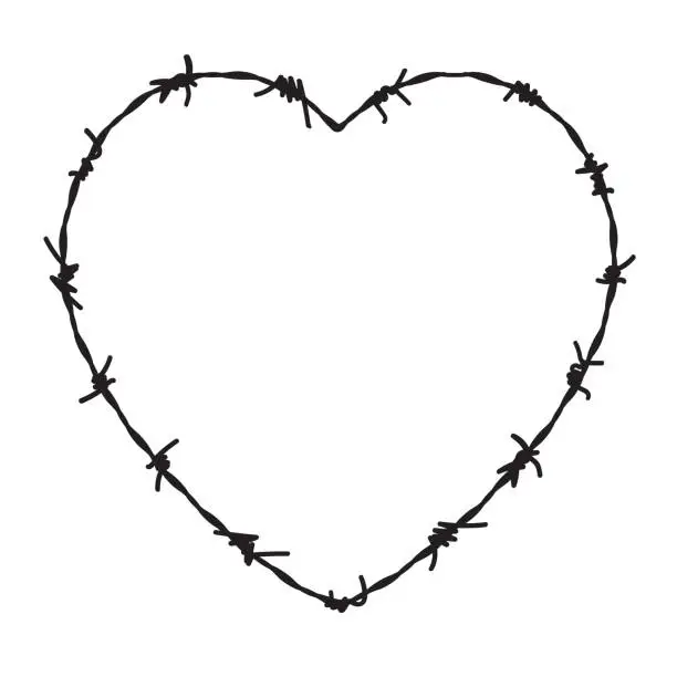 Vector illustration of Wire barb heart shape vector border. Jail fence heart frame love prison barbwire