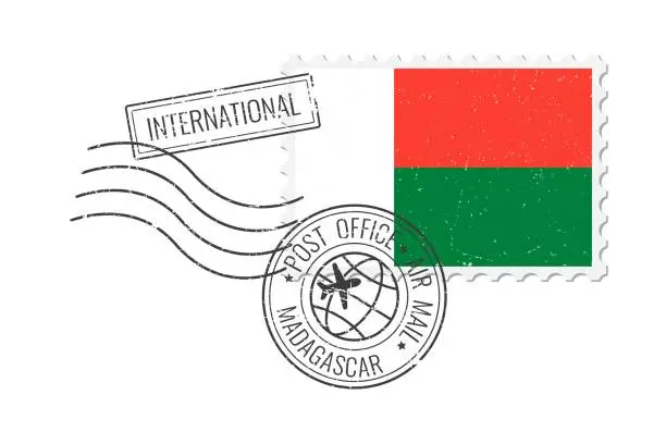 Vector illustration of Madagascar grunge postage stamp. Vintage postcard vector illustration with Madagascar national flag isolated on white background. Retro style.