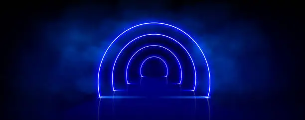 Vector illustration of Blue arch tunnel door frame with neon effect