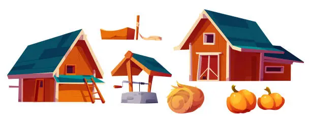 Vector illustration of Red wooden farm buildings and harvest.