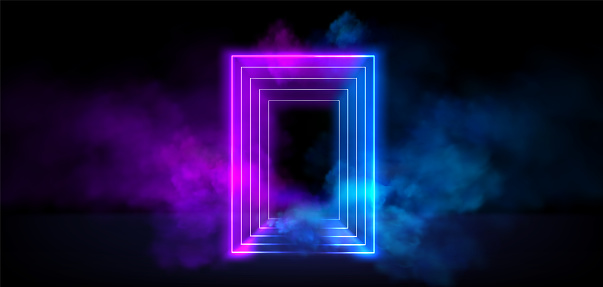 Neon glowing rectangular frame with tunnel and distance effect and smoke, Realistic vector illustration of blue and violet gradient light futuristic door or magic portal with steam. Luminous border.