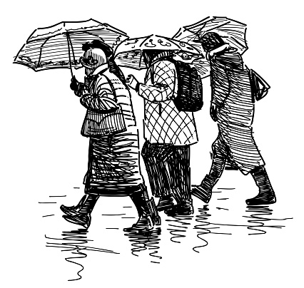 Hand drawing of side view casual city dwellers under umbrellas walking down urban street in raining, black and white vector illustration isolated on white