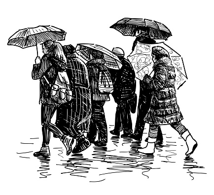 Hand drawing of side view casual urban dwellers under umbrellas walking down city street in raining, black and white vector illustration isolated on white