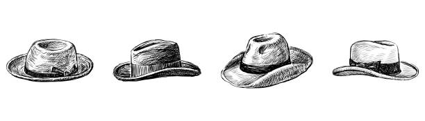 Hand drawings of collection various male hats, black and white vector illustration isolated on white
