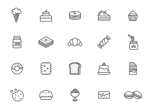 Dessert vector pastry line icon set. Cake sweet food bakery candy waffle cookie pie chocolate croissant bisquit symbol.