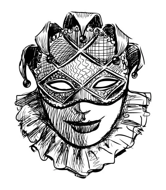 Vector illustration of Sketch of female vintage venetian carnival mask, black and white vector hand drawing isolated on white