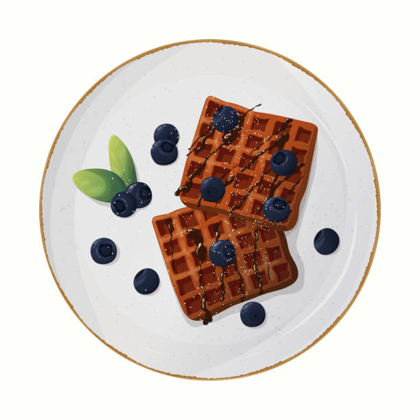 ilustrações, clipart, desenhos animados e ícones de comida doce do café da manhã, waffles na ilustração do vetor do prato. desenhos animados isolados saborosos waffles belgas assados com mirtilo, vista superior da deliciosa refeição da manhã e deliciosa sobremesa de wafer crocante - waffle breakfast syrup plate