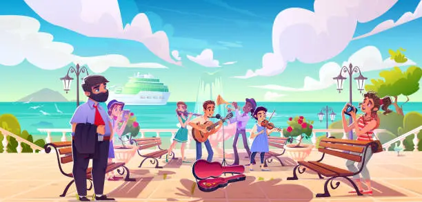 Vector illustration of Street musician band playing musical instruments