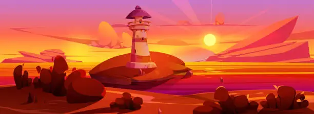 Vector illustration of Sunset or sunrise landscape with lighthouse