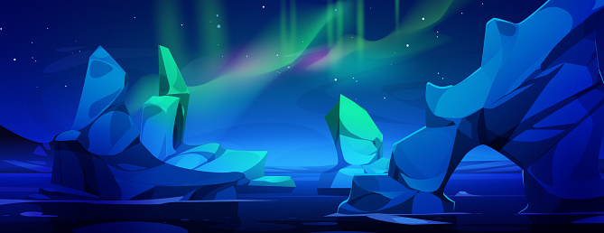 Antarctica landscape with ice mountains and green aurora borealis in sky. Cartoon vector polar scenery with northern lights in starry sky under iceberg and glacier rocks floating in sea or ocean.