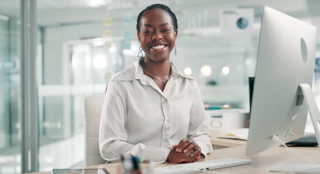 Happy, business and face of black woman with computer in office for crm, faq and schedule planning. Smile, portrait or Africa manager online with pc for client communication, consulting or networking