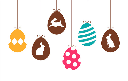 Easter decoration, Easter eggs with classic pattern and bunny rabbit silhouette inside in cute cartoon style.
