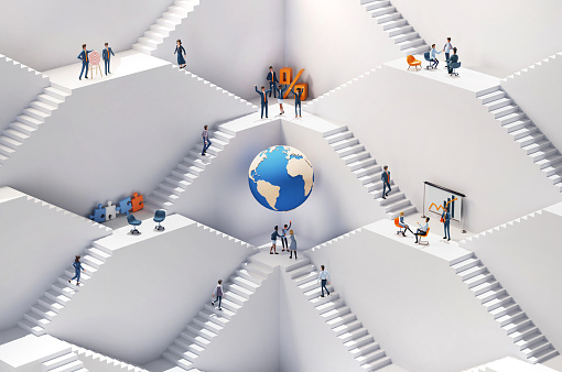 Business people working together around big globe.  Abstract environment concept with stairs representing career, growth, success, solution and achievement. 3D rendering