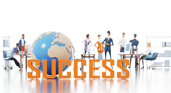 Successful business team and Big Success sign next to globe. 3D rendering