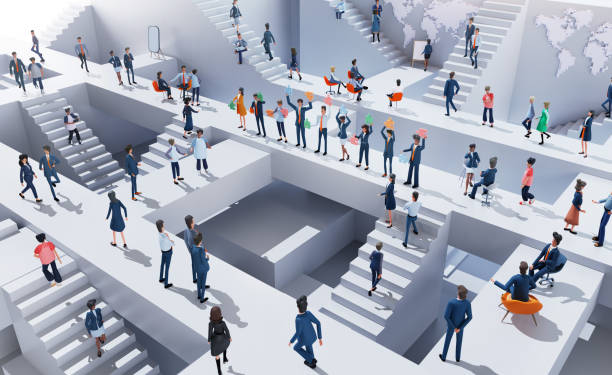 istock Business people having presentation with puzzles in an abstract business environment with stairs and lots of people working together, walking up and down. 3D rendering 2015447126