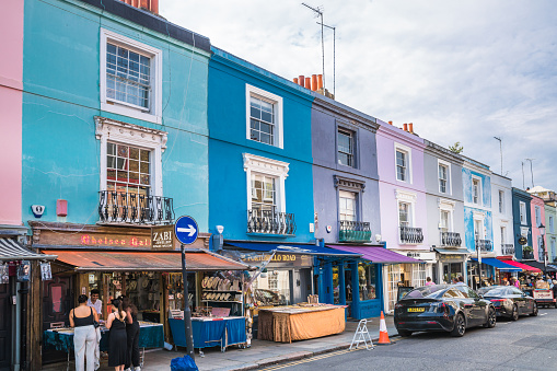 London, UK - 9 September, 2023: Beautiful periodic building of Notting Hill, one of the richest areas to live with fancy lifestyle. Street photography