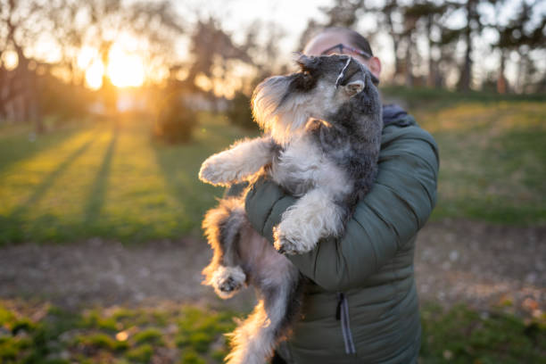 Woman with her small dog having fun outside