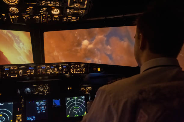 Pilot takes command of airplane soaring among clouds during sunrise. Aircraft moving gracefully through ethereal canvas of morning sky