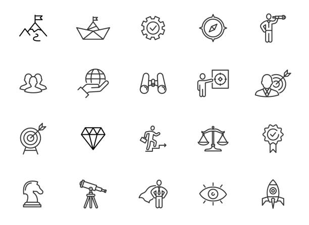 Core mission stroke line icon. Our vision objective global business ethics success core value hero corporate concept Core mission stroke line icon. Our vision objective global business ethics success core value hero corporate concept. dedication industry stock illustrations