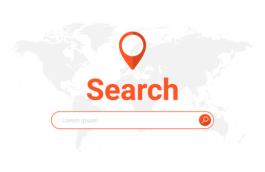 Website search bar browser world map. Research field find tab app search url concept