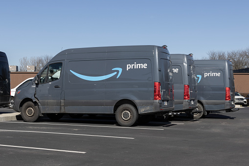 Indianapolis - February 11, 2024: Amazon Prime delivery van. Amazon.com is getting In the delivery business with Prime branded vans.