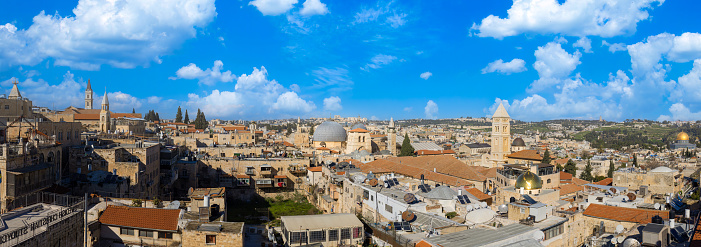 Israel, Panoramic skyline view of Jerusalem Old City in historic center with Tower of David in the background.