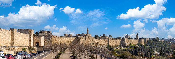 Israel, Panoramic skyline view of Jerusalem Old City in historic center with Tower of David in the background.
