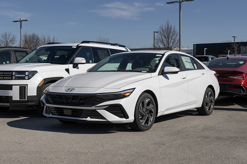 Indianapolis - February 11, 2024: Hyundai Elantra display at a dealership. Hyundai offers the Elantra in SE, SEL, Limited and N Line models.