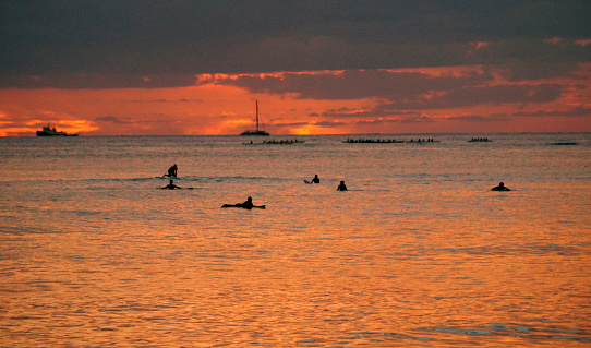 Sunset at Waikiki beach, Honolulu, Island of Oahu, Hawaii - United States