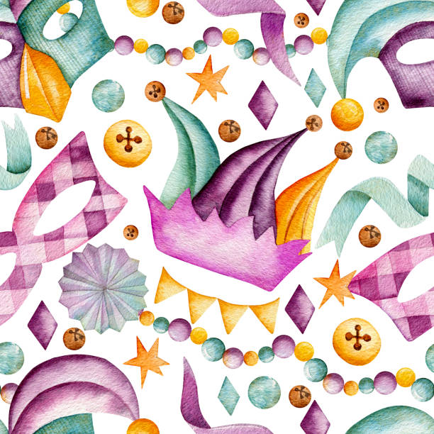Template. Seamless watercolor pattern. Hand drawn masquerade masks, jester's hat, flag garland, confetti, stars, bells, beads. Carnival, Mardi Gras. painted masquerade masks stock illustrations