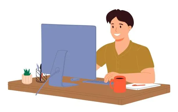 Vector illustration of Flat illustration of a man working from home. Businessman sitting at desk and using laptop.
