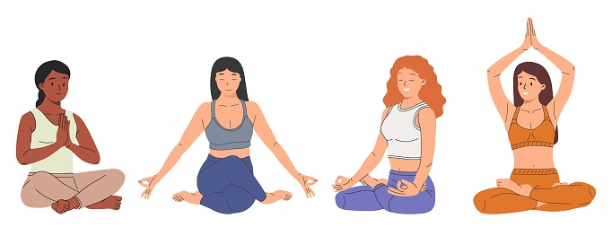 Set of tranquil women with closed eyes and croosed legs meditating in yoga lotus posture. Meditation practice. Concept of zen and harmony. Colored flat vector illustration isolated on white background